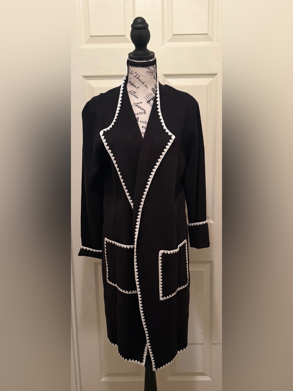 Black Open-Front Cardigan Sweater with White Trim - Picture 3 of 4